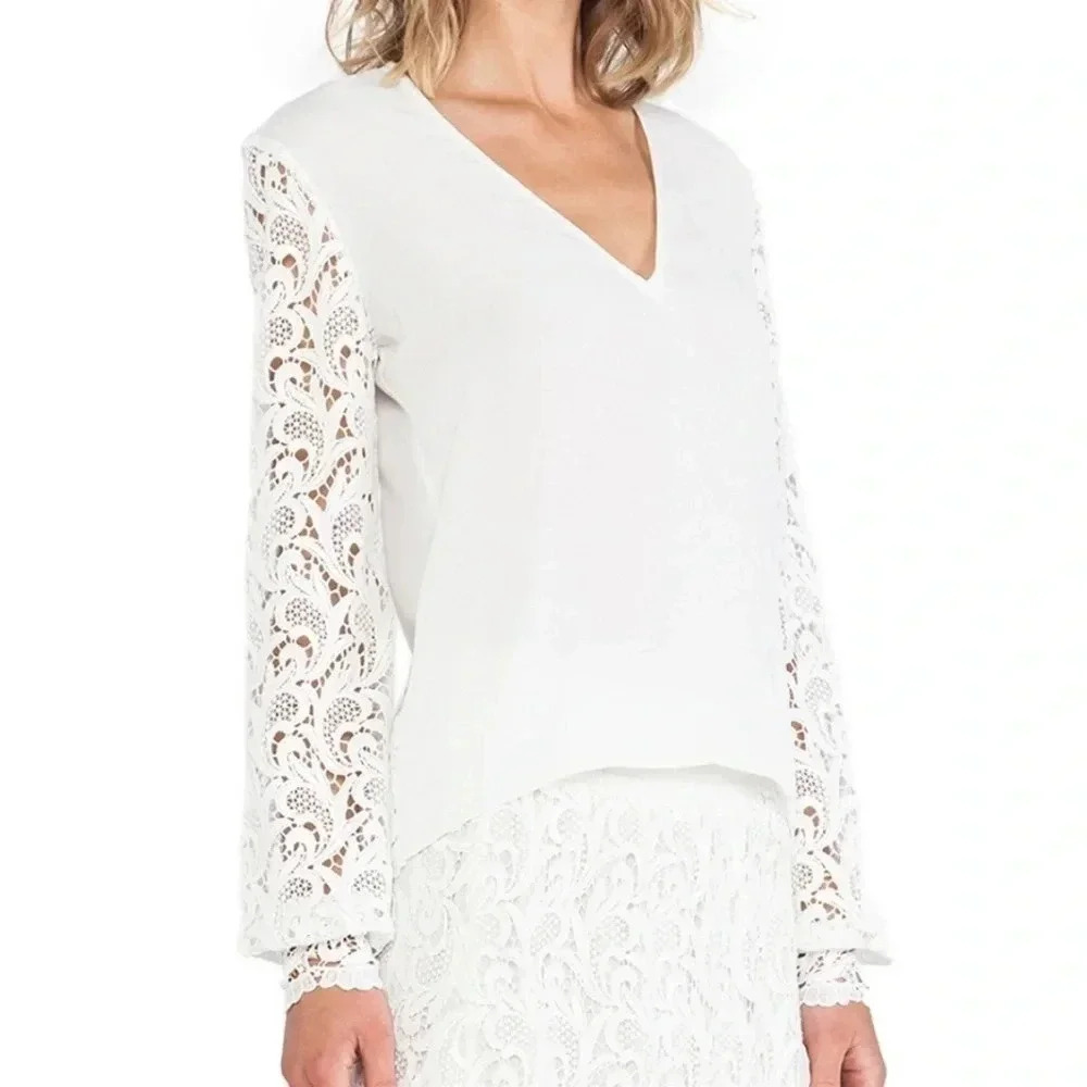 Alexis Dunn V-Neck Crochet Sleeve Blouse White Lace Elegant Minimalist Size XS